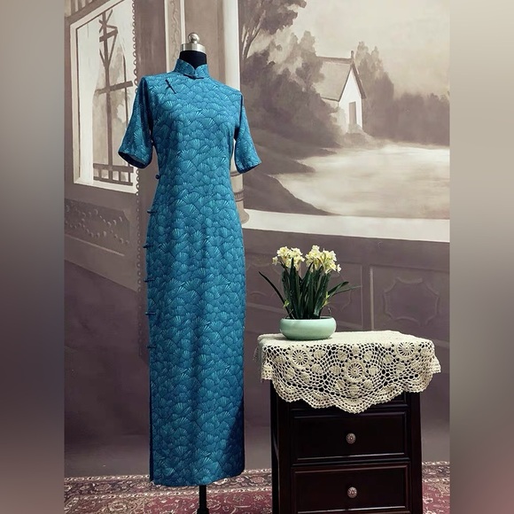 New Chinese Qipao Dress Cheongsam Handmade Button Blue Mermaid Shell Pattern L - Picture 1 of 7